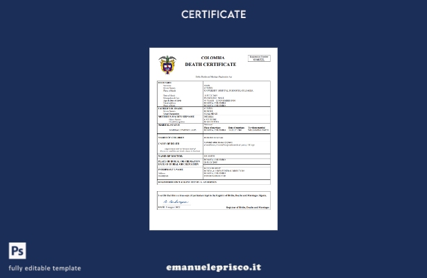 certificato di morte della Colombia in stile verificato modello Word e PDF